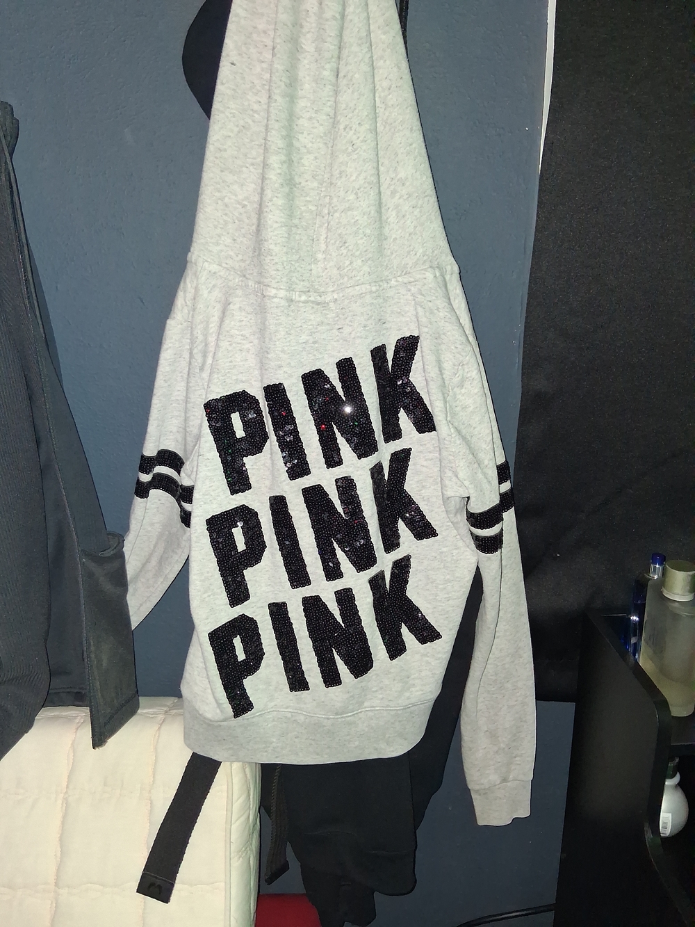PINK Victoria's Secret Gray Hoodie with Black Sparkle Logo